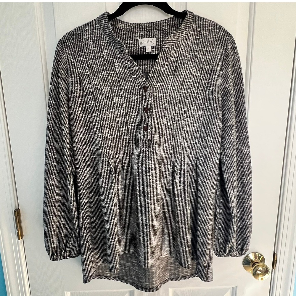 Wonderly M Black White Marled Knit Henley Tunic LS Empire Waist Babydoll